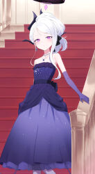 Rule 34 | 1girl, bare shoulders, black halo, black horns, blue archive, collarbone, daifuku (tkja3555), dress, elbow gloves, flat chest, gloves, halo, highres, hina (blue archive), hina (dress) (blue archive), horns, jewelry, looking at viewer, necklace, official alternate costume, purple dress, purple eyes, purple gloves, solo, stairs, standing