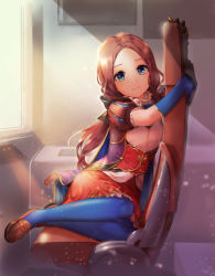 Rule 34 | 1girl, alle gro, blue eyes, blue gloves, blue neckwear, blue pantyhose, brown footwear, brown hair, chair, fate/grand order, fate (series), gloves, indoors, leonardo da vinci (fate), leonardo da vinci (fate/grand order), leonardo da vinci (rider) (fate), loafers, long hair, looking at viewer, pantyhose, parted bangs, puff and slash sleeves, puffy short sleeves, puffy sleeves, red skirt, scrunchie, shoes, short sleeves, sitting, skirt, smile, solo