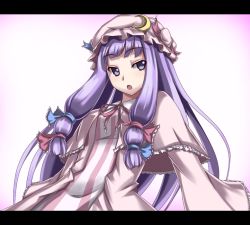 Rule 34 | 1girl, akiyasu, bow, capelet, crescent, crescent moon, female focus, hair bow, hat, letterboxed, moon, multiple hair bows, neck ribbon, open mouth, patchouli knowledge, pink bow, purple eyes, purple hair, ribbon, solo, striped, touhou, tsurime