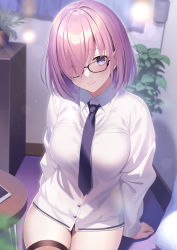 Rule 34 | 1girl, absurdres, alternate costume, black necktie, closed mouth, collared shirt, fate/grand order, fate (series), glasses, hair over one eye, highres, indoors, looking at viewer, mash kyrielight, mishiro (ixtlolton), necktie, no pants, pink hair, plant, purple eyes, shirt, short hair, sitting, smile, solo, sweater, thighhighs, thighs, white shirt, white sweater