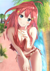 Rule 34 | 1girl, ahoge, armpit crease, bikini, blue eyes, blurry, blurry background, blush, breasts, breasts squeezed together, cleavage, closed mouth, collarbone, cowboy shot, day, depth of field, finger to cheek, frilled bikini, frills, go-toubun no hanayome, hair between eyes, hair ornament, hair spread out, hand on own thigh, head tilt, highres, index finger raised, large breasts, leaning forward, long hair, looking at viewer, nakano itsuki, neko usagi (nekousagi jpn), outdoors, palm tree, panties, pool, poolside, red bikini, shiny skin, side-tie bikini bottom, sidelighting, sidelocks, smile, solo, standing, star (symbol), star hair ornament, swimsuit, tree, underwear