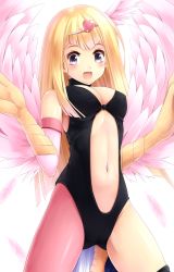Rule 34 | 1girl, asymmetrical legwear, bad id, bad pixiv id, blonde hair, blue eyes, breasts, cameltoe, center opening, claws, cleavage, covered erect nipples, duel monster, feathers, hair ornament, harpie girl (yu-gi-oh!), harpy, heart, heart hair ornament, highres, kneeling, komimiyako, leotard, long hair, monster girl, navel, open mouth, pantyhose, purple eyes, single leg pantyhose, smile, solo, thighhighs, uneven legwear, winged arms, wings, yu-gi-oh!, yu-gi-oh! duel monsters