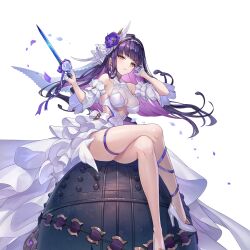 1girl breasts bridal_veil clothing_cutout crossed_legs dress flower glaring hair_flower hair_ornament high_heels holding holding_knife kiyohime_(ragnador) knife looking_at_viewer purple_flower purple_hair ragnador rose side_cutout simple_background sitting sitting_on_object sleeveless sleeveless_dress solo thigh_strap transparent_background veil wedding_dress white_flower white_rose