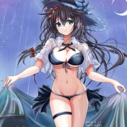Rule 34 | 1girl, aqua eyes, artist name, black bra, black hair, bra, braid, breasts, cleavage, cowboy shot, crescent moon, dated, hair ornament, highres, kantai collection, large breasts, looking at viewer, moon, navel, shigure (kancolle), shigure kai san (kancolle), shirt, single braid, solo, toms10530, underwear, white shirt