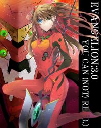 Rule 34 | 10s, 1girl, arm behind head, arm up, armpits, bad id, bad pixiv id, blue eyes, bodysuit, bracer, breasts, brown hair, closed mouth, colored eyelashes, copyright name, eva 02, evangelion: 3.0 you can (not) redo, eyepatch, floating hair, from side, frown, full body, gem, gloves, hair ornament, hair over one eye, headgear, highres, holding, holding weapon, lance of longinus (evangelion), long hair, looking at viewer, mecha, neon genesis evangelion, noka (blackheart1118), on one knee, orange hair, pilot suit, plugsuit, polearm, rebuild of evangelion, robot, serious, small breasts, souryuu asuka langley, spear, tape, turtleneck, weapon