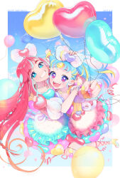 Rule 34 | 2girls, balloon, blonde hair, blue eyes, blue hair, blue sky, border, bow, bracelet, braid, dated, dress, english text, floating, full body, hair bow, hand on another&#039;s head, happy birthday, heart, heart balloon, hibino matsuri, hibino matsuri (primagista), high heels, highres, holding, holding balloon, hug, idol clothes, jewelry, jumping, layered dress, long hair, looking at viewer, multicolored clothes, multicolored dress, multicolored eyes, multicolored hair, multiple girls, myamu, necklace, open mouth, oshiri (o4ritarou), parted lips, pearl necklace, pink hair, polka dot, pretty series, puffy short sleeves, puffy sleeves, purple eyes, short sleeves, sky, smile, streaked hair, teeth, twintails, waccha primagi!, white border