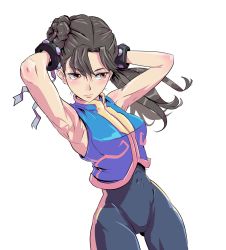 Rule 34 | 1girl, alternate costume, armpits, arms behind head, arms up, bare shoulders, black hair, bracelet, breasts, brown eyes, capcom, chun-li, closed mouth, commentary request, hair bun, highres, jewelry, long hair, medium breasts, o sho, simple background, single hair bun, solo, spiked bracelet, spikes, street fighter, street fighter zero (series), white background