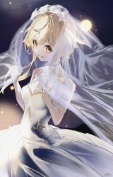 Rule 34 | 1girl, absurdres, alternate costume, blonde hair, breasts, bridal veil, commentary, dress, english commentary, flower, genshin impact, hair between eyes, highres, looking at viewer, lumine (genshin impact), milil, night, outdoors, parted lips, short hair with long locks, signature, sleeveless, sleeveless dress, small breasts, solo, veil, water, wedding dress, white dress, white flower, yellow eyes