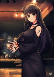 Rule 34 | 1girl, :o, absurdres, artist name, black choker, black dress, black hair, black nails, blunt bangs, blurry, blurry background, bocchi the rock!, choker, clothing cutout, commentary, depth of field, dress, ear piercing, english commentary, hand tattoo, highres, indoors, long dress, long hair, long sleeves, looking at viewer, mizzterbii, multicolored hair, notice lines, open mouth, pa-san, piercing, shoulder cutout, shoulder tattoo, signature, solo, standing, straight hair, tattoo