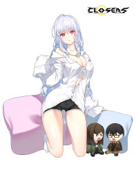 Rule 34 | 1girl, :o, black shorts, breast pocket, breasts, character doll, cleavage, closers, collarbone, highres, jewelry, kneeling, large breasts, long hair, long sleeves, looking at viewer, mirae (closers), necklace, no bra, off shoulder, official art, parted lips, partially unbuttoned, pillow, pocket, red eyes, shirt, short shorts, shorts, sleeves past fingers, sleeves past wrists, socks, solo, thighs, white hair, white shirt, white socks