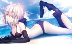 Rule 34 | 1girl, artoria pendragon (all), artoria pendragon (fate), ass, beach, bikini, bikini top only, black bikini, black gloves, black panties, black thighhighs, blonde hair, blue thighhighs, bow, breasts, butt crack, cleavage, day, elbow gloves, fate/stay night, fate (series), front-tie bikini top, front-tie top, gloves, hair bow, highres, lace, lace-trimmed panties, lace trim, lens flare, looking at viewer, loose thighhigh, lying, mashima saki (mashimasa), medium breasts, on stomach, pale skin, panties, parted lips, saber (fate), saber alter, solo, sparkle, sweat, swimsuit, thighhighs, underwear