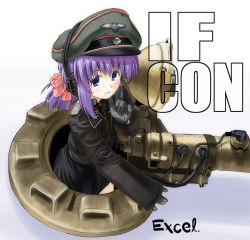 Rule 34 | 1girl, :d, artist name, badge, blue eyes, blush, bow, cowboy shot, epaulettes, excel (gewalt), flat chest, from side, gloves, hair bow, hat, headphones, headset, index finger raised, jacket, long sleeves, looking to the side, military, military vehicle, motor vehicle, nazi, open mouth, original, peaked cap, ponytail, purple hair, shadow, short hair, short ponytail, side slit, sidelocks, signature, simple background, skirt, skull and crossbones, sleeves past wrists, smile, solo, tank, vehicle, white background, world war ii