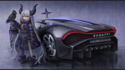 Rule 34 | 1girl, absurdres, animal on arm, bird, bird on arm, black collar, black footwear, black jacket, boots, braid, braided bangs, bugatti, bugatti la voiture noire, car, collar, cowlick, crow, crow (la+ darknesss), frown, grey hair, hair behind ear, highres, hololive, horns, jacket, la+ darknesss, license plate, long hair, looking at viewer, motor vehicle, pantyhose, pointy ears, purple hair, purple pantyhose, shiyo tsubame, single leg pantyhose, sleeves past fingers, sleeves past wrists, solo, sports car, standing, textless version, vehicle focus, very long hair, virtual youtuber