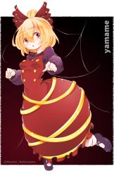 Rule 34 | 1girl, artist name, black footwear, black shirt, blonde hair, blouse, blush, bow, breasts, brown bow, brown dress, buttons, character name, commentary request, dress, eyes visible through hair, full body, hair between eyes, hair bow, high ponytail, highres, kurodani yamame, long sleeves, looking at viewer, master nabesama, medium breasts, open mouth, orange eyes, shirt, shoes, short hair, socks, solo, touhou, white background, white socks