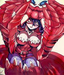 Rule 34 | 1girl, appmon, artist request, bandai, breasts, cleavage, curvy, demon girl, digimon, digimon universe: appli monsters, female focus, hat, highres, large breasts, leotard, long hair, looking at viewer, monster girl, pointy ears, solo, demon girl, symbol-shaped pupils, thighs, thong, warudamon, yellow eyes