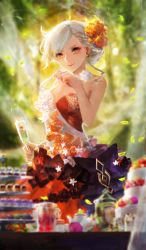 Rule 34 | 1girl, ahoge, alternate costume, bare shoulders, breasts, cake, champagne flute, cleavage, commentary, craft essence (fate), cup, dress, drinking glass, earrings, fate/grand order, fate (series), flower, food, hair flower, hair ornament, hair up, jewelry, kamiya miwo, large breasts, looking at viewer, multicolored clothes, multicolored dress, official art, olga marie animusphere, olga marie animusphere (afternoon party), orange dress, orange eyes, purple dress, solo, strapless, strapless dress, white hair
