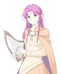 Rule 34 | 1girl, aged up, bad id, bad pixiv id, braid, breasts, cape, facial mark, fae (fire emblem), fire emblem, fire emblem: the binding blade, forehead mark, green hair, harp, holding, holding instrument, instrument, kashiwabooks, long hair, looking at viewer, medium breasts, nintendo, pink hair, pointy ears, solo, upper body