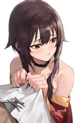 Rule 34 | 1girl, bare shoulders, black hair, blush, dress, hair between eyes, highres, kono subarashii sekai ni shukufuku wo!, megumin, modare, no headwear, off-shoulder dress, off shoulder, red dress, red eyes, satou kazuma, short hair, solo focus, upper body