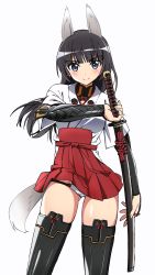 Rule 34 | 1girl, anabuki tomoko, animal ears, black eyes, black footwear, black hair, blunt bangs, boots, closed mouth, commentary, cowboy shot, crotch seam, hakama, hakama short skirt, hakama skirt, highres, holding, holding sword, holding weapon, japanese clothes, katana, kogarashi51, layered sleeves, long hair, long sleeves, looking at viewer, miniskirt, panties, red hakama, shirt, short over long sleeves, short sleeves, simple background, skirt, smile, solo, standing, strike witches: suomus misfits squadron, sword, tail, thigh boots, thighhighs, underwear, weapon, white background, white panties, white shirt, wind, wind lift, world witches series