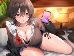 Rule 34 | 1girl, ayomo ro, black bra, black eyes, black jacket, black skirt, black socks, blazer, blurry, blurry background, bow, bowtie, bra, breasts, brown cardigan, brown hair, cardigan, cellphone, cleavage, collared shirt, commentary request, holding, holding phone, huge breasts, indoors, jacket, long sleeves, looking at viewer, original, parted lips, partially unbuttoned, phone, pleated skirt, red bow, red bowtie, school uniform, shirt, skirt, smartphone, socks, solo, underwear, undone bowtie, white shirt