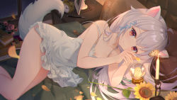 Rule 34 | 1girl, absurdres, ahoge, alarm clock, animal ears, bare shoulders, blush, book, candle, clock, clock hair ornament, commentary request, copyright request, dress, feet out of frame, flower, hair ornament, highres, holding, long hair, looking at viewer, lying, on bed, on side, original, petals, pillow, red eyes, silver hair, smile, solo, somna, spaghetti strap, strap slip, sunflower, tail, virtual youtuber, white dress, yellow flower
