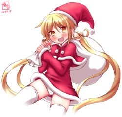 Rule 34 | 1girl, :d, bell, blonde hair, blush, capelet, dated, dress, female focus, fur trim, hat, highres, kanon (kurogane knights), kantai collection, looking at viewer, open mouth, panties, pantyshot, red capelet, red dress, sack, santa costume, santa hat, satsuki (kancolle), short dress, simple background, smile, solo, standing, thighhighs, twintails, underwear, upskirt, white background, white panties, white thighhighs, yellow eyes