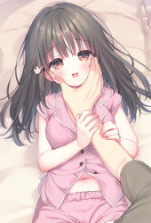 Rule 34 | 1boy, 1girl, bed sheet, black hair, black shirt, blouse, blunt bangs, breasts, brown eyes, collared shirt, commentary request, face grab, frilled pillow, frills, hair ornament, hairclip, highres, long hair, long sleeves, looking at viewer, lying, midriff peek, navel, on back, open mouth, original, pajamas, pillow, pink pajamas, pink shirt, pink shorts, rabbit, rabbit hair ornament, shirt, short shorts, shorts, small breasts, sweat, usashiro mani