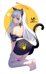 Rule 34 | 1girl, absurdres, angel girl (shimmer), animal ears, apron, artist logo, artist name, bare shoulders, black dress, blue eyes, cat ears, cat tail, closed mouth, dress, extra ears, fake animal ears, fake tail, from behind, grey hair, handprint, highres, kneeling, long hair, no shoes, original, shimmer, solo, tail, thighhighs, waist apron, white apron, white background, yellow background