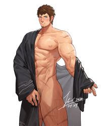 Rule 34 | 1boy, abs, ardbert hylfyst, bara, black robe, blue eyes, blush, brown hair, covering privates, covering crotch, dated, facial hair, final fantasy, final fantasy xiv, highres, jin (sirius-j), large pectorals, leg hair, looking at viewer, male focus, male pubic hair, muscular, muscular male, naked robe, nipples, open clothes, open robe, pectorals, pubic hair, robe, scar, scar on arm, scar on leg, scar on stomach, short hair, solo, thick thighs, thighs, wide sleeves
