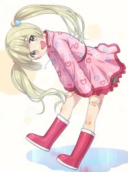 Rule 34 | 1girl, blonde hair, blunt bangs, boots, character request, copyright request, highres, jacket, knee boots, long sleeves, looking at viewer, pink footwear, pink jacket, puddle, rubber boots, skirt, smile, solo, twintails, white background, yama tatsuo, yellow eyes