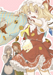 Rule 34 | 3girls, :o, apron, asymmetrical hair, bad id, bad pixiv id, blonde hair, braid, cake, checkerboard cookie, chinese clothes, cookie, covering own mouth, embodiment of scarlet devil, failure, fangs, female focus, flandre scarlet, food, fork, hand over own mouth, hat, hong meiling, izayoi sakuya, looking back, maid, maid apron, maid headdress, multiple girls, nail polish, nazuki-nazu, nazuki nazu, pastry, red eyes, red hair, red nails, side ponytail, silver hair, skirt, spill, tablecloth, thumbprint cookie, touhou, twin braids, waist apron, wings, wrist cuffs