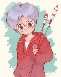 Rule 34 | 1boy, badge, brown eyes, button badge, fireworks, franklin badge, freckles, grey hair, holding, holding fireworks, hood, hooded jacket, jacket, lloyd (mother), male focus, mother (game), mother 1, nintendo, nyaasu nekoban, open mouth, red jacket, round eyewear, shirt, sleeves past wrists, solo, white background, white shirt
