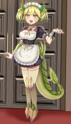 1girl apron blush breasts cleavage collarbone detached_collar door dragon_girl dragon_horns dragon_tail duel_monster frilled_apron frilled_sleeves frills green_hair high_heels highres horns maid_apron maid_headdress medium_breasts orange_eyes parlor_dragonmaid pinyata_(pinyaland) short_sleeves smile solo standing tail thighhighs twintails waist_apron white_apron wrist_cuffs yu-gi-oh! zettai_ryouiki