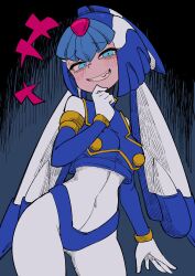 Rule 34 | 1girl, absurdres, android, armor, blue armor, blue eyes, blue helmet, blue sleeves, blue vest, blush, boots, breasts, buzzlyears, covered navel, cowboy shot, crop top, crotch plate, detached sleeves, fairy leviathan (mega man), forehead jewel, grey background, helmet, highres, looking at viewer, medium breasts, mega man (series), mega man zero (series), sharp teeth, simple background, smile, smug, solo, teeth, thigh boots, vest