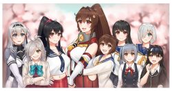 Rule 34 | 6+girls, :d, armband, asashimo (kancolle), ayuko91, black hair, black skirt, blue eyes, blue neckwear, bow, bowtie, breasts, brown eyes, brown hair, buttons, cape, cherry blossoms, cleavage, crossed arms, detached sleeves, dress, grey cape, hair ornament, hair over one eye, hair scrunchie, hairclip, halterneck, hamakaze (kancolle), hatsushimo (kancolle), headband, highres, hip vent, isokaze (kancolle), kantai collection, kasumi (kancolle), kasumi kai ni (kancolle), large breasts, long hair, long sleeves, looking at viewer, medium breasts, midriff, multiple girls, navel, neck ribbon, neckerchief, necktie, one side up, open mouth, pinafore dress, pleated dress, pleated skirt, ponytail, purple dress, purple scrunchie, red eyes, red ribbon, red skirt, ribbon, sailor dress, school uniform, scrunchie, serafuku, short hair, side ponytail, sidelocks, silver hair, skirt, sleeveless, sleeveless dress, small breasts, smile, suzutsuki (kancolle), white neckwear, yahagi (kancolle), yamato (kancolle), yellow eyes, yellow neckwear, yukikaze (kancolle)