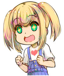 Rule 34 | 1girl, blonde hair, child, clenched hands, fang, green eyes, heart, highres, long hair, open mouth, original, overalls, print shirt, shirt, shou zong, sky, smile, solo, star (sky), starry sky, twintails, upper body, white shirt
