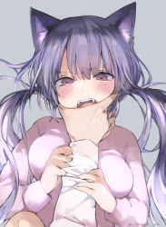 Rule 34 | 1boy, 1girl, absurdres, animal ears, blush, breasts, cat ears, dog ears, fangs, grey background, hand on another&#039;s face, highres, holding another&#039;s wrist, meme, mole, mole under eye, open mouth, original, purple hair, simple background, solo focus, spit out my fucking hamster (meme), strangling, sweater, tearing up, teeth, upper teeth only, v-shaped eyebrows, white sweater, yukari (rihenara doll)