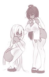 Rule 34 | 2girls, ahoge, ass, bare shoulders, breasts, bridal gauntlets, cleavage cutout, clothing cutout, commentary, dark-skinned female, dark skin, elbow gloves, embarrassed, flip-flops, glasses, gloves, greyscale, hair between eyes, hair ornament, hairclip, hand on another&#039;s shoulder, highres, huge breasts, long hair, looking at another, monochrome, multiple girls, original, pelvic curtain, sandals, sketch, squatting, sub-res, tears, thighhighs, very long hair
