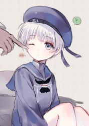 Rule 34 | 10s, 1girl, ?, bad id, bad twitter id, beret, blue eyes, blush, cheek poking, clothes writing, hanekoto, hat, kantai collection, open mouth, personification, poking, sailor, sailor hat, short hair, silver hair, wince, z1 leberecht maass (kancolle)