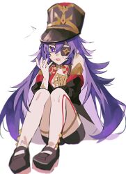 Rule 34 | 1girl, anemonelove, black hat, boots, chevreuse (genshin impact), commentary request, detached sleeves, earmuffs, earmuffs around neck, eyepatch, food, french fries, genshin impact, gloves, hand up, hat, knees up, long hair, looking at viewer, open mouth, puffy sleeves, purple eyes, purple hair, shako cap, simple background, sitting, solo, thigh boots, very long hair, white background, white footwear, white gloves