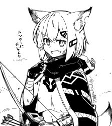 Rule 34 | 1girl, animal ear fluff, animal ears, arknights, arrow (projectile), bandaged arm, bandages, bow (weapon), cloak, crop top, ear piercing, fang, fingerless gloves, fox ears, fox girl, fox tail, gloves, greyscale, hair ornament, hairclip, highres, holding, holding bow (weapon), holding weapon, hood, hooded cloak, looking at viewer, midriff, monochrome, navel, no headwear, notched ear, open mouth, piercing, shirt, short hair, skin fang, smile, solo, tail, translation request, twitter username, vermeil (arknights), weapon, yom (ymayma00ss)