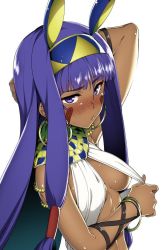 Rule 34 | 1girl, arm behind head, arm up, bare shoulders, blush, bracelet, breasts, clothes pull, dark-skinned female, dark skin, earrings, egyptian, egyptian clothes, facial mark, fate/grand order, fate (series), full-face blush, hairband, hoop earrings, hyouju issei, jewelry, long hair, looking at viewer, medium breasts, nitocris (fate), purple eyes, purple hair, shiny skin, sideboob, solo, underboob, upper body, very long hair