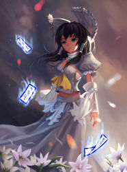 Rule 34 | 1girl, absurdres, adapted costume, alternate color, ascot, backlighting, bow, breasts, choker, derivative work, detached sleeves, dress, female focus, flower, hair bow, hair tubes, hakurei reimu, haoqiang fan, highres, m.u.g.e.n, ofuda, parted lips, sarashi, small breasts, solo, standing, touhou, white dress