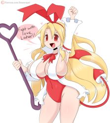Rule 34 | 1girl, armpits, blonde hair, bow, breasts, covered navel, demon wings, detached sleeves, disgaea, fang, female focus, flonne, heart, highleg, highleg leotard, highres, huge breasts, leotard, long hair, patreon username, playboy bunny, pointy ears, red eyes, solo, tail, tail bow, tail ornament, very long hair, wings