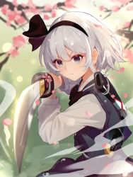 Rule 34 | 1girl, arms up, belt, black bow, black bowtie, black hairband, bow, bowtie, branch, buttons, cherry blossoms, closed mouth, collar, collared shirt, dress, floral print, flower, ghost print, green dress, green eyes, hair between eyes, hairband, hands up, highres, katana, konpaku youmu, long sleeves, looking to the side, petals, pink flower, repoi, shirt, short hair, silver hair, solo, sword, touhou, tree, weapon, white belt, white shirt