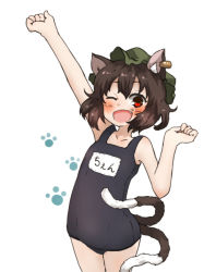Rule 34 | 1girl, ;d, amonitto, animal ears, arm up, blush, brown hair, cat ears, cat tail, chen, collarbone, ear piercing, earrings, hat, jewelry, looking at viewer, mob cap, multiple tails, nekomata, one-piece swimsuit, one eye closed, open mouth, paw print, piercing, red eyes, school swimsuit, simple background, single earring, smile, solo, swimsuit, tail, touhou, white background, wink