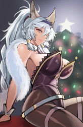 Rule 34 | 1girl, animal ears, arm support, belt, black pantyhose, breasts, christmas tree, detached collar, fur, granblue fantasy, heles, jony (avion mura), large breasts, leotard, looking at viewer, looking to the side, pantyhose, playboy bunny, shawl, silver hair, smile, solo, wrist cuffs, yellow eyes