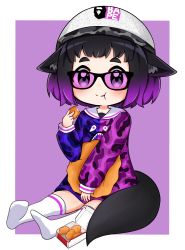 Rule 34 | 1girl, absurdres, animal ears, beanie, chicken nuggets, eating, glasses, hat, highres, holding, holding pillow, pillow, simple background, socks, tail, vozmad