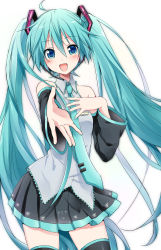 Rule 34 | 1girl, :d, aqua eyes, aqua hair, bare shoulders, blush, commentary, cowboy shot, detached sleeves, hair ornament, hand on own chest, hatsune miku, headset, highres, long hair, necktie, open mouth, reaching, reaching towards viewer, skirt, smile, solo, sudachi (calendar), thighhighs, twintails, very long hair, vocaloid, white background, zettai ryouiki