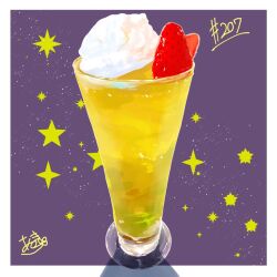 Rule 34 | cup, drink, drinking glass, food, food focus, fruit, ice cream, ice cream float, no humans, original, star (symbol), starry background, strawberry, takisou sou